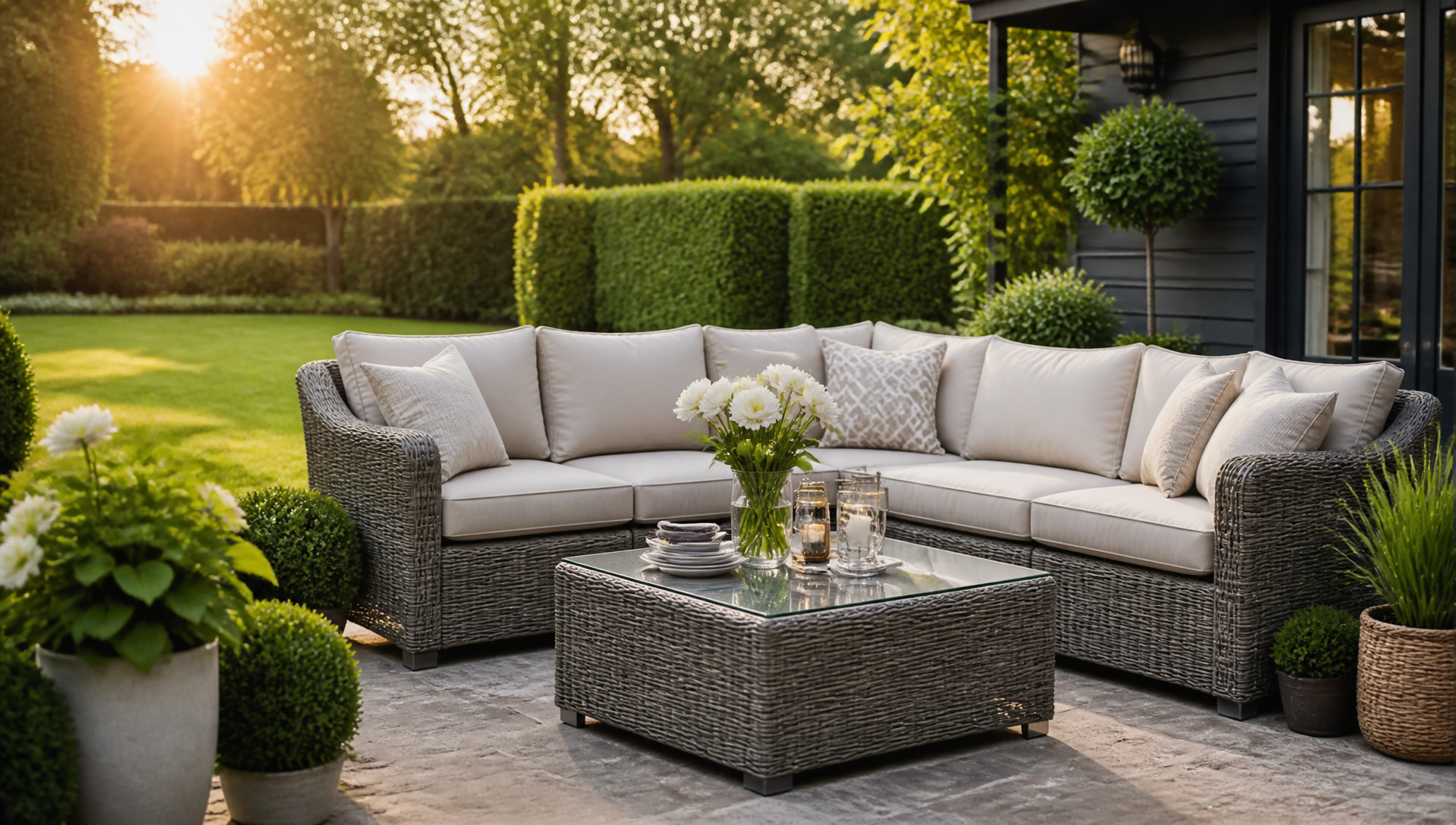Premium grey rattan garden corner sofa set with cream cushions on a British stone patio, surrounded by green lawn and topiary at golden hour